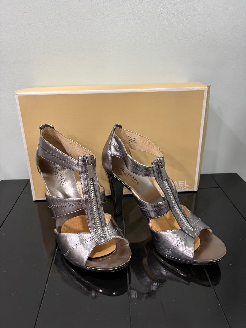 Michael Kors Metallic Pewter Zip-Front High Heel Sandals
